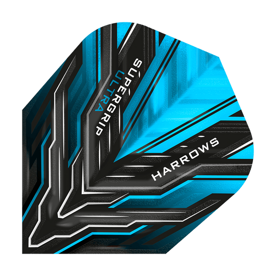HR10_Harrows_Supergrip_Ultra_Aqua_Standard_Flights_1jeSY61nQJWwVj Das Bild zeigt ein Dart-Flight in leuchtendem Blau und Schwarz mit grafischem Muster. Auf dem Flight stehen die Wörter "SUPERGRIP ULTRA" und "HARROWS".