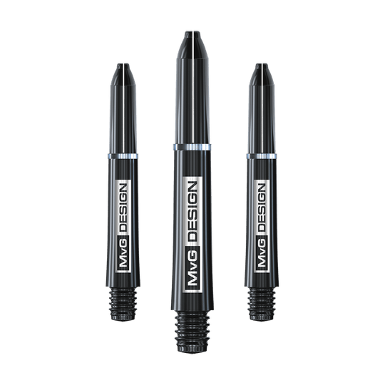 7100_Winmau_MvG_Signature_Black_Nylon_Shafts_35mm_1Yp7OZWZ96oxA5 Das Bild zeigt drei schwarze Dartschäfte mit der Aufschrift „MvG DESIGN“. Es handelt sich um die Winmau Nylon Ring Grip MvG Design Black Shafts.
