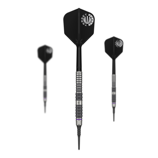 Fléchettes souples Target Japan Yuta Hayashi Sirius GEN3 - 19 g Das Bild zeigt drei Softdarts des Modells "Target Japan Yuta Hayashi Sirius GEN3 - 19g". Die Darts haben schwarze Flights und silberne, geriffelte Barrels.
