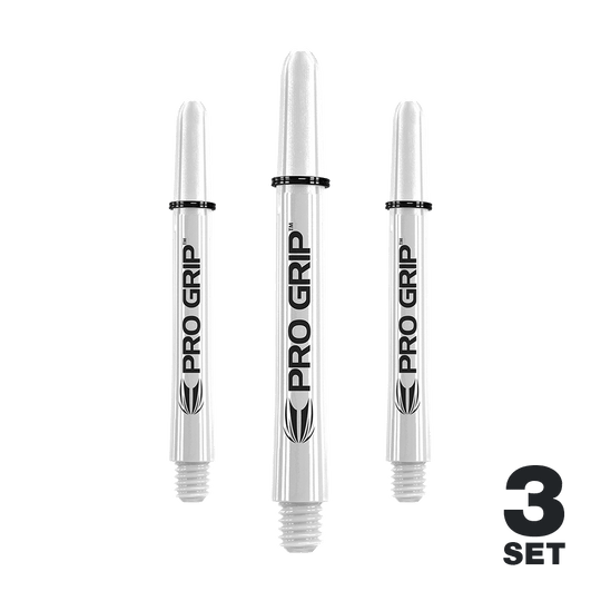Tiges Target Pro Grip - 3 jeux - Blanc Das Bild zeigt drei weiße Pro Grip Shafts für Darts. Unten rechts steht "3 SET", was auf ein Set mit drei Stück hinweist.