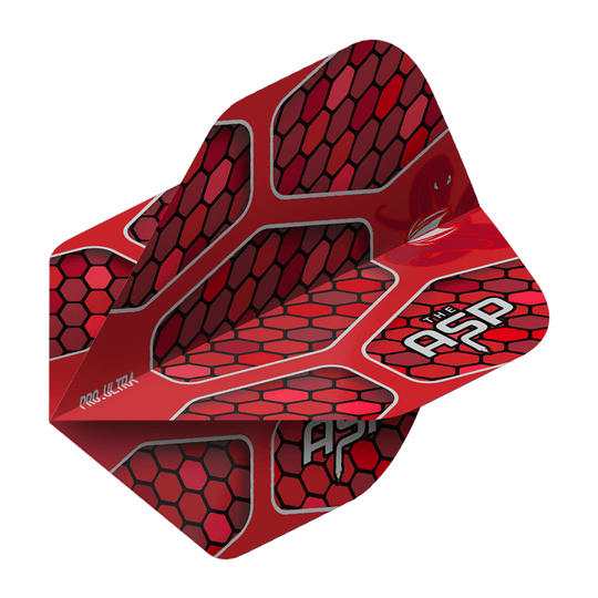 Das Bild zeigt das Produkt "Target ProUltra Nathan Aspinall Red No2 Standard Flights". Die Flights sind rot mit einem wabenförmigen Muster und weißen Schriftzügen.