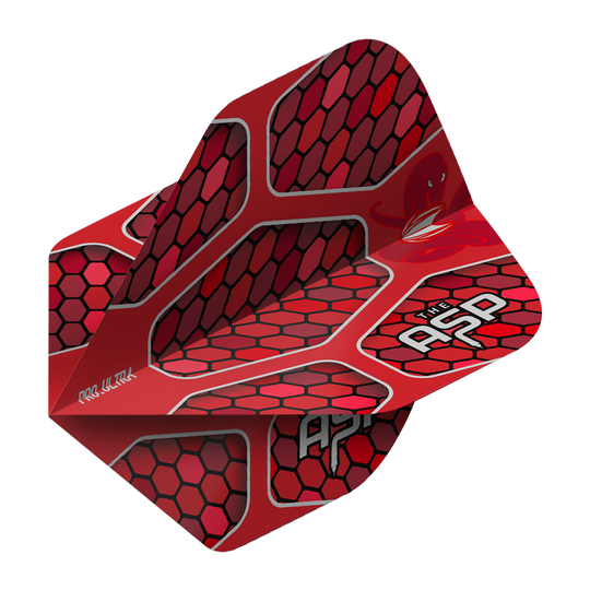 TG387_334450_Target_ProUltra_Nathan_Aspinall_Red_No2_Standard_Flights_2 Das Bild zeigt das Produkt "Target ProUltra Nathan Aspinall Red No2 Standard Flights". Die Flights sind rot mit einem wabenförmigen Muster und weißen Schriftzügen.