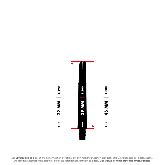 L-L-Style-Shaft Locked Straight Natural9 TwoTone Shafts - Rose Das Bild zeigt einen geraden L-Shaft mit der Länge von 39 mm. Es sind auch die Längenvarianten 32 mm und 46 mm eingezeichnet.