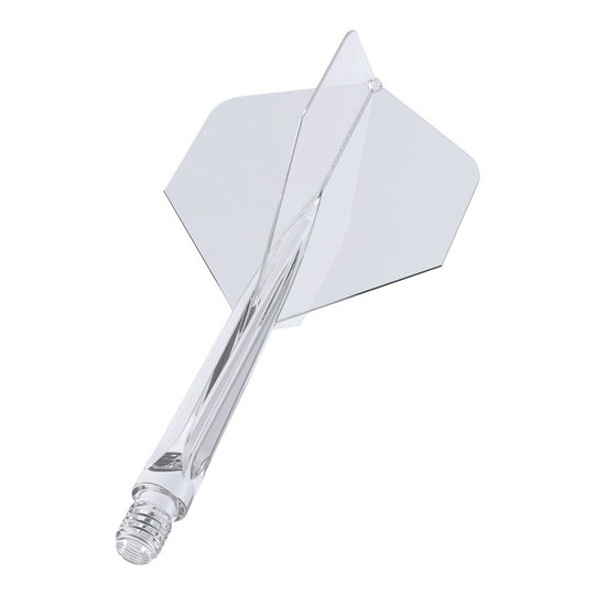Ailettes standard Unicorn Forge All In One Plus No2 transparentes - Moyennes Das Bild zeigt einen klaren, mittelgroßen Dartaufsatz des Modells "Unicorn Forge All In One Plus No2 Standard Flights". Die Flight- und Schaftteile sind transparent und bilden ein einteiliges Design.