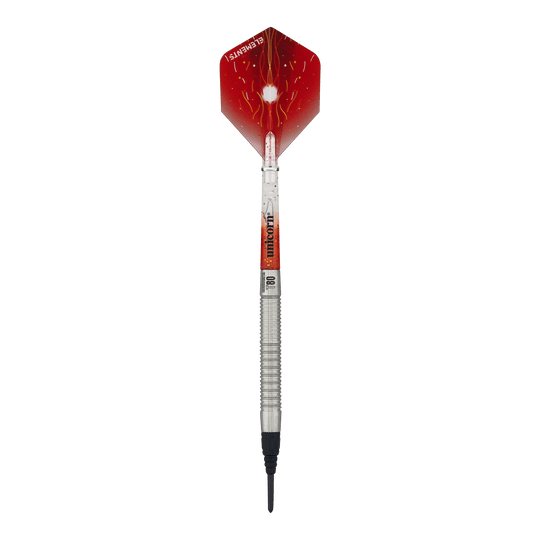 Fléchettes souples Unicorn Core XL Striker Style 1 - 19 g Auf dem Bild ist ein Softdart der Marke Unicorn Core XL Striker Style 1 mit einem Gewicht von 19g zu sehen. Die Flights sind rot mit einem weißen Muster, und der Schaft ist silbern.