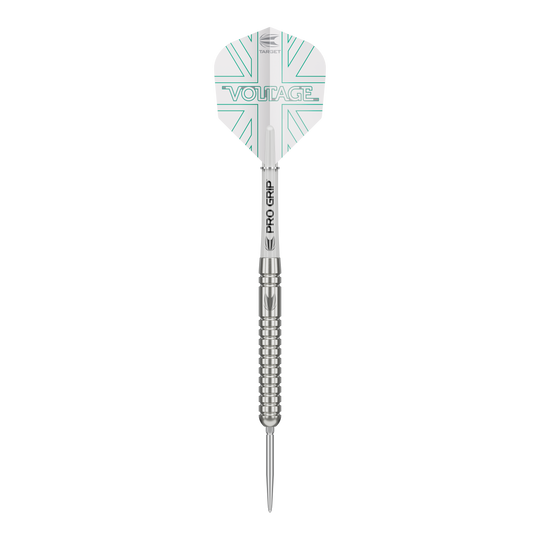 Fléchettes en acier Target Rob Cross Voltage Swiss Point à pointes suisses Das Bild zeigt einen Target Rob Cross Voltage Swiss Point Steeldart. Der Dart hat ein silbernes Design mit dem Schriftzug „VOLTAGE“ auf den Flights.