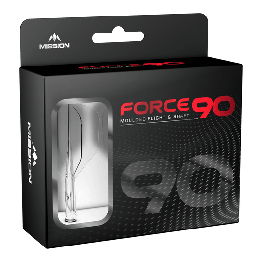 Système d'arbre de transMission Mission Force 90 n° 6 - Transparent Die Abbildung zeigt die Verpackung des Produkts „Mission Force 90 No6 Flight-Shaft-System - Clear“. In der schwarzen Box mit Sichtfenster ist das transparente Flight-Shaft-System zu erkennen.