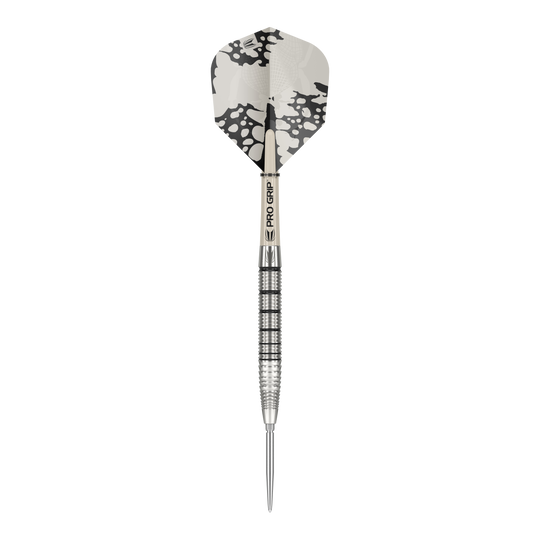 Fléchettes en acier Target EXO SP02 Swiss Point Das Bild zeigt einen Target EXO SP02 Swiss Point Steeldart. Der Dartpfeil hat ein silbernes Griffstück mit schwarzen Rillen und eine schwarz-weiße Flight.
