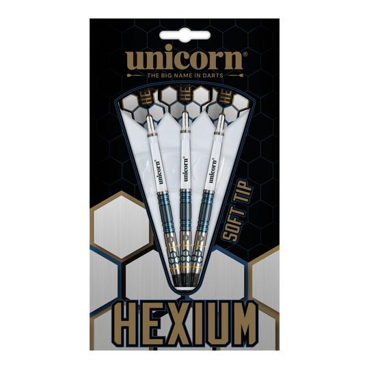Fléchettes souples Unicorn Hexium Style 02 bleues et dorées - 21 g Unicorn Hexium Style 02 Blue & Gold Softdarts - 21g besticht durch sein modernes Design. Die stilvollen Softdarts sind ideal für Dartbegeisterte.