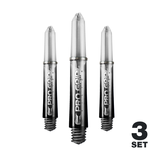 Tiges Target Pro Grip Vision - 3 jeux - Noires Das Bild zeigt drei schwarze Pro Grip Vision Shafts für Darts. Unten rechts steht "3 Set", was auf ein Set mit drei Stück hinweist.