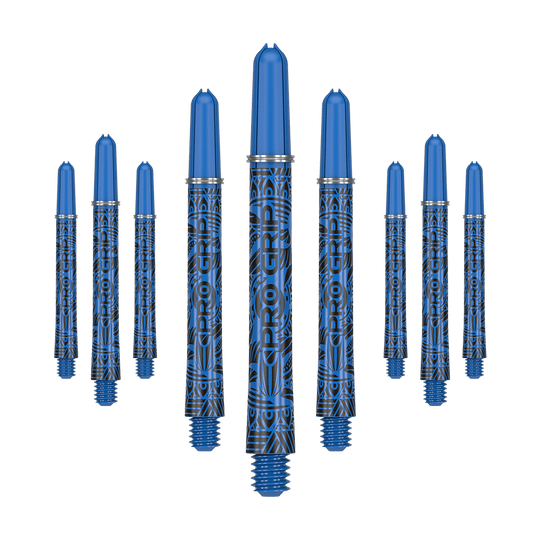 Tiges Target Pro Grip Ink - 3 jeux - Bleues Das Bild zeigt neun blaue Dartschäfte mit schwarzem Muster und der Aufschrift "PRO GRIP". Sie sind in einer Reihe angeordnet, wobei die mittleren Schäfte am größten dargestellt werden.
