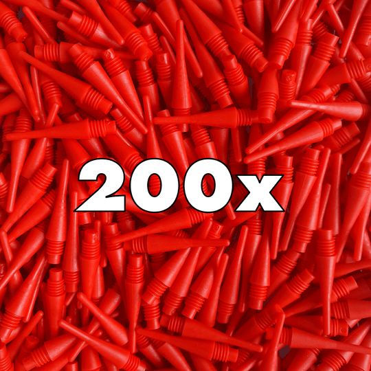 Shorties (200er Pack) - Spitzen Das Bild zeigt viele rote Softdartspitzen. In der Mitte steht groß die Zahl "200x".