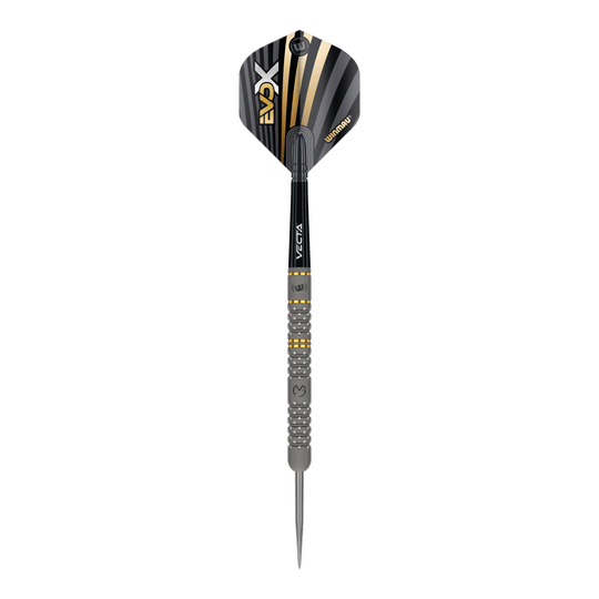 Fléchettes en acier Winmau Michael Van Gerwen Evo-X Dies ist ein Winmau Michael Van Gerwen Evo-X Steeldart. Der Dartpfeil hat ein schwarz-goldenes Design und eine strukturierte Griffzone.
