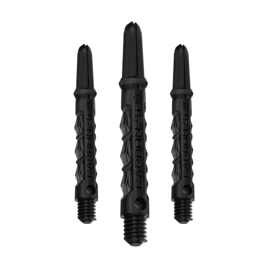HR435_Harrows_Carbon_ST_Shafts_Schwarz_40mm_1 Das Bild zeigt drei schwarze Harrows Carbon ST Shafts. Sie sind unterschiedlich lang und bestehen aus robustem Material für Dartpfeile.