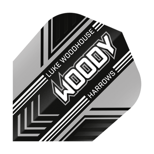 Harrows Prime Luke Woodhouse Woody No6 Vols Das Bild zeigt ein Dartflight mit dem Namen "Harrows Prime Luke Woodhouse Woody No6". Das Design ist schwarz, weiß und silber mit dem Schriftzug "WOODY" in der Mitte.