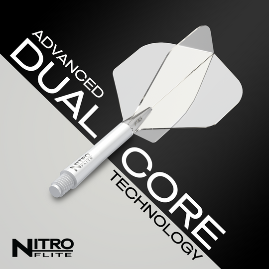 Das Bild zeigt das Produkt "Red Dragon Nitroflite - White Shaft Clear No2 Flights". Auf dem Bild sind die Begriffe "Advanced Dual Core Technology" sowie das Produkt selbst gut sichtbar.