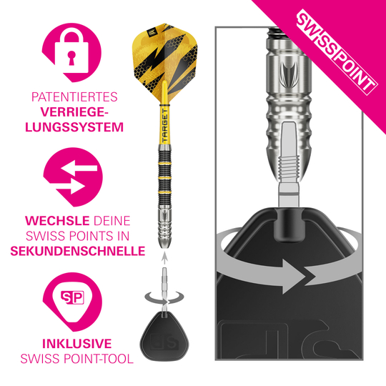 Fléchettes en acier Target Buzz 02 Swiss Points Auf dem Foto sind die Target Buzz 02 Swiss Points Steeldarts zu sehen. Das Produkt wird frontal präsentiert.