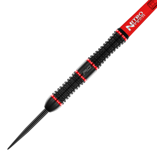 Fléchettes en acier Red Dragon Jason Watt - 22 g Das Bild zeigt den "Red Dragon Jason Watt Steeldart" mit einem Gewicht von 22 Gramm. Der Dart ist überwiegend schwarz mit roten Akzenten und hat eine geriffelte Griffoberfläche.