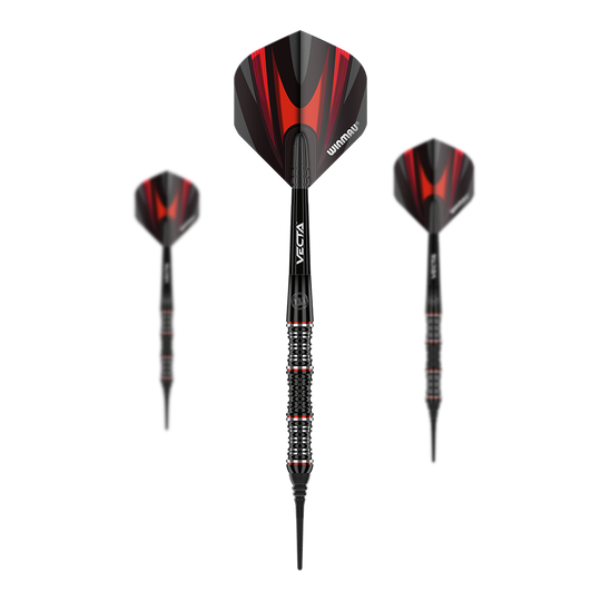 Fléchettes souples Winmau Mervyn King Édition Spéciale Das Bild zeigt drei Winmau Mervyn King Special Edition Softdarts. Die Darts haben schwarze und rote Flights sowie ein detailliertes, schwarz-silbernes Griffstück.