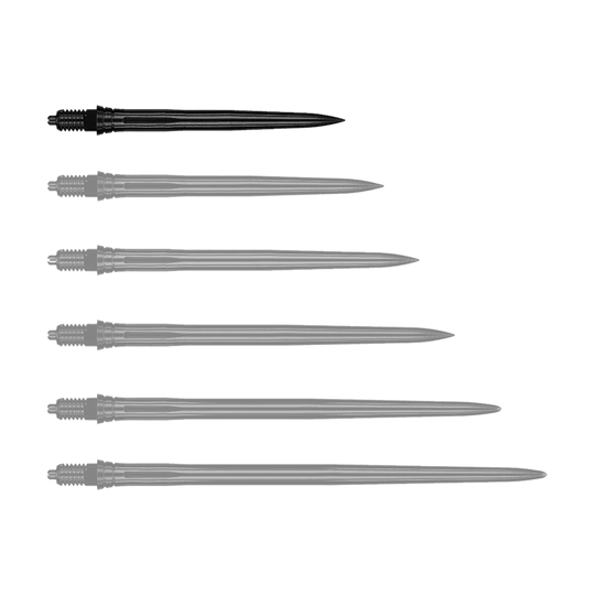 Pointes de fléchettes Caliburn EZ-EVO - Lisses - Noires Das Bild zeigt schwarze Dartspitzen mit glatter Oberfläche, vermutlich 28 mm lang. Die Datei trägt den Namen EVO181_Caliburn_EZ-EVO_Dartspitzen_Smooth_Schwarz_28mm_1.