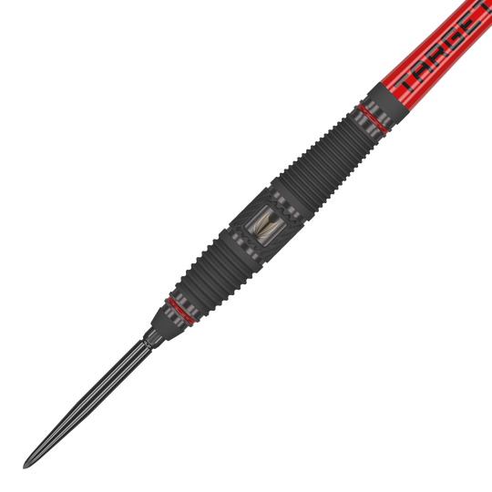 Fléchettes en acier Target Scope 03 Swiss Point Das Bild zeigt ein Target Scope 03 Swiss Point Steeldart mit schwarzem und rotem Design. Die Oberfläche des Darts ist geriffelt und hat Metallakzente für besseren Halt.