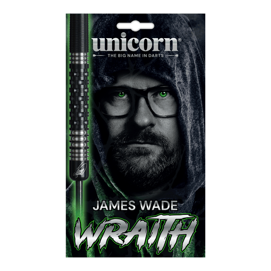 Die Abbildung zeigt die Unicorn Wraith James Wade Steeldarts. Die Darts sind für Präzisionswürfe im Dartsport konzipiert.