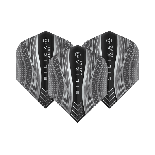 Das Bild zeigt drei schwarze Dart-Flights mit dem Namen "Harrows Silika Lumen Black No6". Die Flights haben ein modernes, grafisches Muster mit wellenförmigen Linien und Punkten.