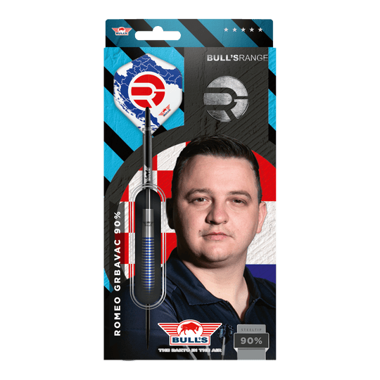 Fléchettes en acier Bulls NL Romeo Grbavac - 23 g Das Bild zeigt die Verpackung der "Bulls NL Romeo Grbavac Steeldarts - 23g". Auf der Verpackung ist ein Dartpfeil sowie ein Porträt von Romeo Grbavac zu sehen.