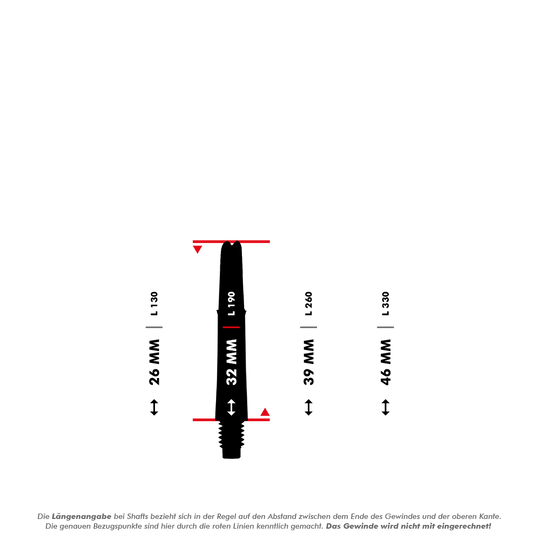 Arbres en L verrouillés droits - Blanc Das Bild zeigt eine technische Zeichnung eines L-Style L-Shaft Locked Straight mit einer Länge von 32 mm. Es sind ebenfalls die Maße für die Längen 26 mm, 39 mm und 46 mm dargestellt.