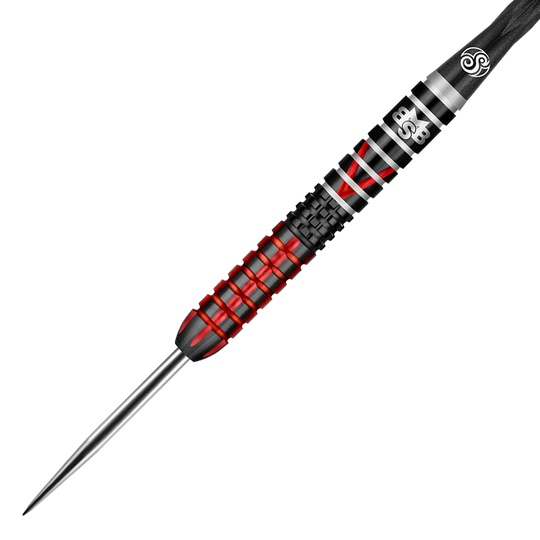 Shot Michael Smith Defiant Steeldarts Der abgebildete Dartpfeil hat ein modernes, schwarzes und rotes Design mit silbernen Akzenten. Er besitzt eine feine Metallspitze und einen strukturierten Griffbereich.