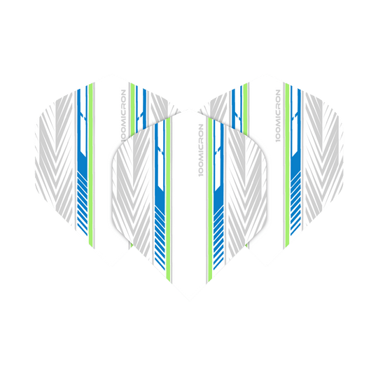 Vols de Pentathlon blanc/bleu/vert Das Bild zeigt die "Pentathlon White Blue Green No2 Standard Flights" mit einem modernen Design in Weiß, Blau und Grün. Die Flights haben ein Muster aus Linien und Pfeilen sowie den Aufdruck "100 MICRON".
