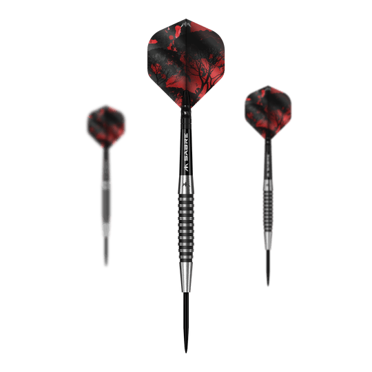 Fléchettes Mission Kunai en acier PVD noir - 23 g Auf diesem Bild sieht man das Set Mission Kunai Black PVD Steeldarts - 23g. Das Set besteht aus mehreren schwarzen Steeldarts mit einem Gewicht von 23 Gramm.