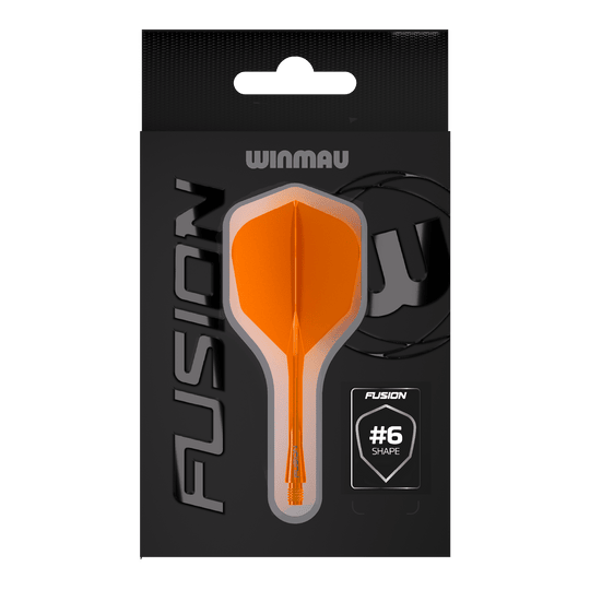 Système d'arbre de vol Winmau Fusion n° 6 Orange fluo Das Bild zeigt das Winmau Fusion Flight-Shaft-System No6 in Neon Orange. Dieses System verbindet Flight und Shaft zu einer stabilen Einheit für Dartpfeile.