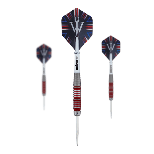 Fléchettes Unicorn The Machine James Wade 90% acier Das Bild zeigt drei Steeldarts des Produkts "Unicorn The Machine James Wade 90% Steeldarts". Die Darts haben rote und silberne Griffringe sowie Flights mit einem schwarz-blauen Muster und den Initialen "JW".