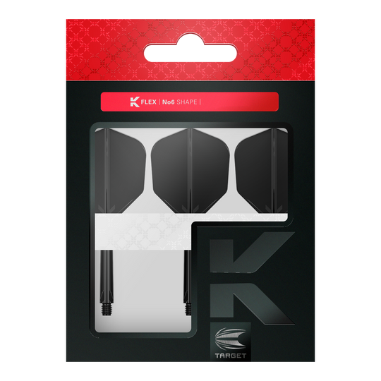 Système de vol Target K-Flex n° 6 - Noir Das Bild zeigt eine Verpackung mit drei schwarzen Dartflights und Schäften von Target. Oben auf der Packung steht "K FLEX | No6 SHAPE".