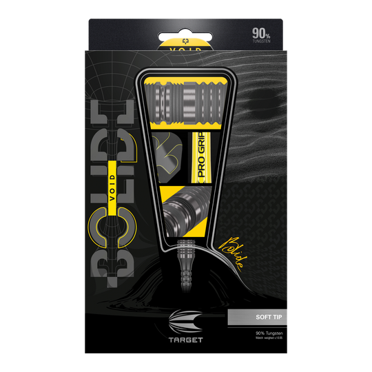 Target Bolide Void 10 fléchettes souples Das Bild zeigt die Verpackung der "Target Bolide Void 10 Softdarts". Die Verpackung ist schwarz-gelb gestaltet und hebt die Darts mit 90% Tungsten-Anteil hervor.