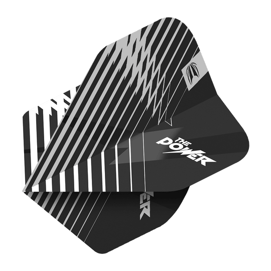 Das Bild zeigt die Target ProUltra Phil Taylor Black No2 Standard Flights. Die Flights sind schwarz-weiß gemustert und haben den Aufdruck "The Power".