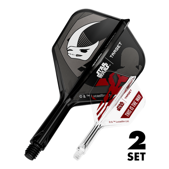 Zwei Dart-Flügel-Sets mit Mandalorianer-Design, bekannt aus Star Wars. Die Flights sind 19 mm groß und für Dartpfeile geeignet.