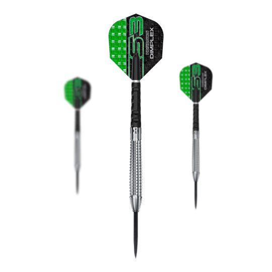 Fléchettes coniques en acier Harrows Dimplex S3 Das Bild zeigt drei Steeldarts der Marke "Harrows Dimplex S3 Tapered". Die Flights sind schwarz-grün und die Barrel sind silberfarben mit einer geriffelten Struktur.