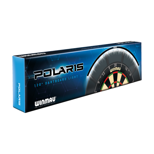 8412_Winmau_Polaris_120_LED_Dartboard_Light_5 Die Abbildung zeigt die Verpackung des "Winmau Polaris 120° LED Dartboard Light". Auf der Verpackung ist ein teilweise beleuchtetes Dartboard zu sehen sowie der Produktname und das Winmau-Logo.