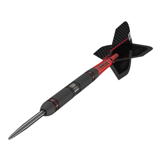 Target Scope 01 Fléchettes en acier Swiss Point Das Bild zeigt einen Target Scope 01 Swiss Point Steeldart. Der Dartpfeil hat ein modernes Design mit schwarzen und roten Akzenten sowie einer stabilen Metallspitze.