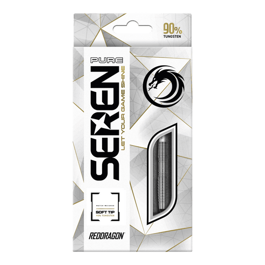 Die Abbildung zeigt die Verpackung der "Red Dragon Seren 3 Pure Softdarts - 20g". Auf der Vorderseite steht, dass die Darts 90% Tungsten enthalten und für Soft-Tip geeignet sind.
