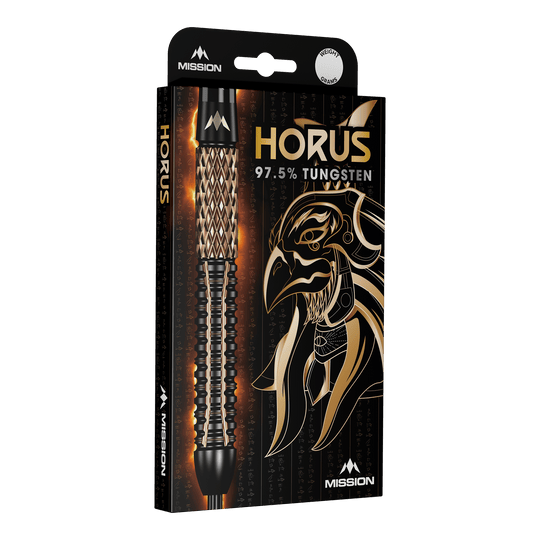 Fléchettes en acier de la Mission Horus Die Verpackung zeigt die Mission Horus Steeldarts mit einem stilisierten Horus-Kopf im Hintergrund. Auf der Packung steht, dass die Darts aus 97,5 % Tungsten bestehen.