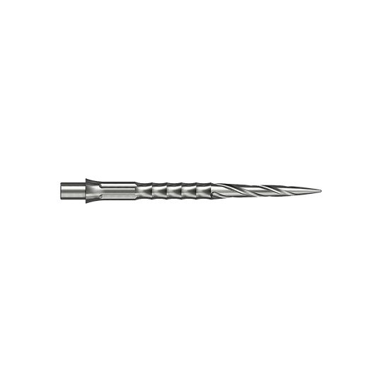 Pointes de fléchettes en acier Caliburn System - Spiro - NoLip - argent Zwei silberne Steeldartspitzen werden gezeigt. Sie sind 32 mm lang und gehören zum Spiro NoLip Design.