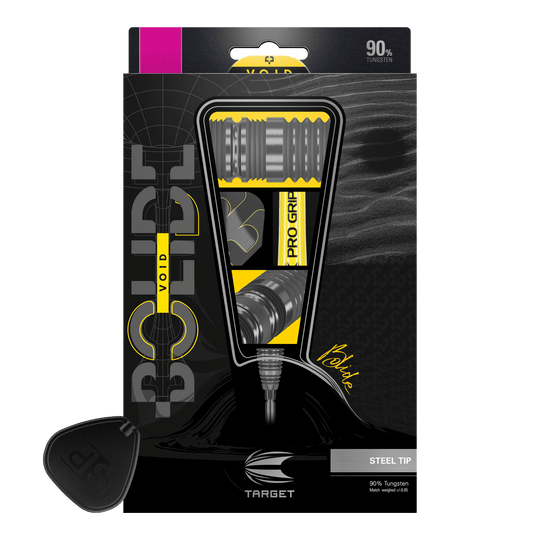 Das Bild zeigt die Verpackung der "Target Bolide Void 03 Swiss Point Steeldarts". Die Darts bestehen zu 90 % aus Tungsten und haben eine Stahspitze.