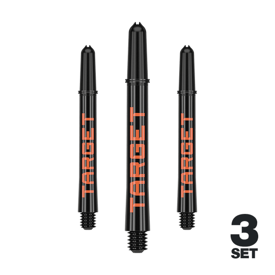 Tiges Target Pro Grip TAG - 3 jeux - Noir Orange Das Bild zeigt drei schwarze Dartschäfte mit orangefarbener Aufschrift "TARGET". In der rechten unteren Ecke steht "3 SET".