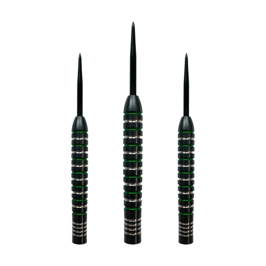 Canons en acier vert argenté McDart Das Bild zeigt drei McDart Silver Green Steeldart Barrels. Die Barrels sind schwarz mit silbernen und grünen Ringen.