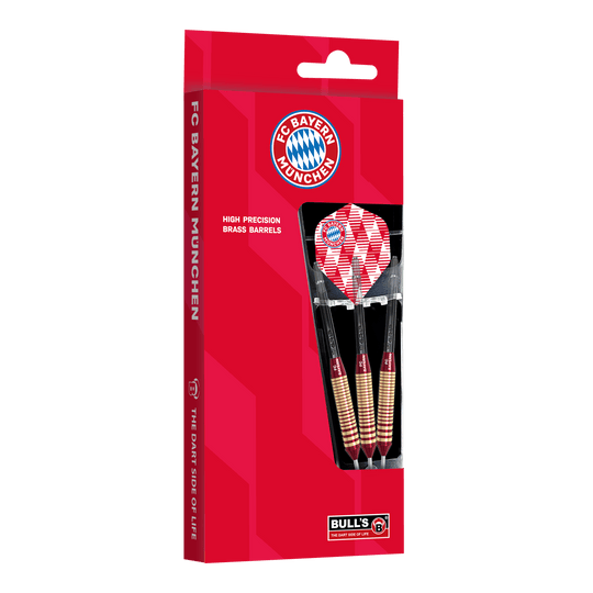 Fléchettes en acier laiton Bulls FC Bayern Munich - 21 g Das Bild zeigt die Bulls FC Bayern München Brass Steeldarts mit 21 Gramm Gewicht. Die Darts sind im Design des Fußballvereins FC Bayern München gehalten.