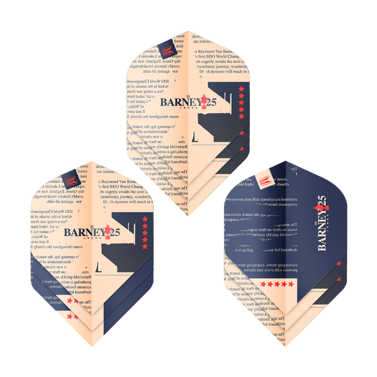 Target ProUltra Raymond Van Barneveld Barney25 Vols Standard Das Bild zeigt drei Sätze von Target ProUltra Raymond Van Barneveld Barney25 Standard Flights. Die Flights sind in Beige und Dunkelblau gestaltet und tragen den Aufdruck "BARNEY25" mit roten Sternen.