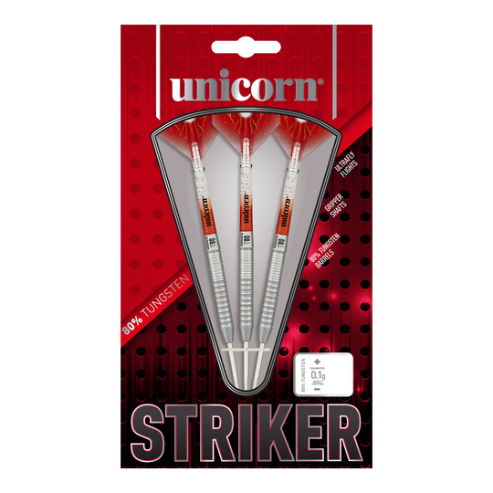 Fléchettes en acier Unicorn Core XL Striker Style 1 - 22 g Auf dem Bild sind drei Unicorn Core XL Striker Style 1 Steeldarts mit einem Gewicht von 22g zu sehen. Die Verpackung ist rot-schwarz gestaltet und hebt 80% Tungsten-Barrels hervor.
